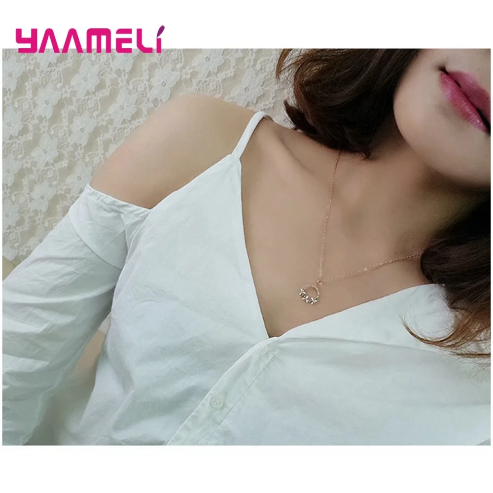 

925 Sterling Silver Round Garland Flower Pendant Chain Necklace for Women Engagement Gift Colorful Cubic Zirconia Jewelry