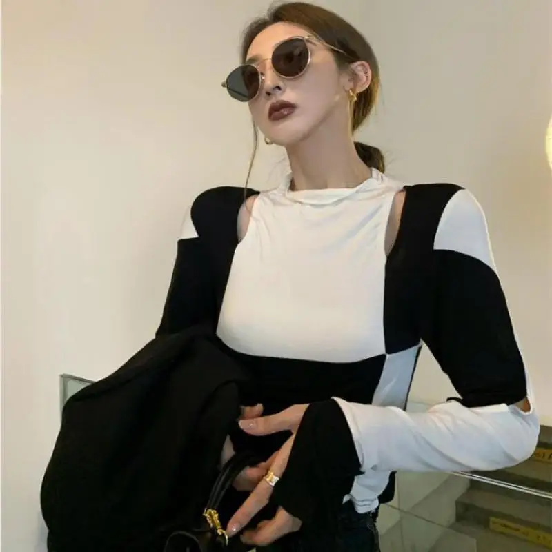 

Sexy Color Contrast Hollow Out Women's T-shirt Long Sleeve Leisure T-shirt For Female Cotton T-shirt Ladies Basic Shirt