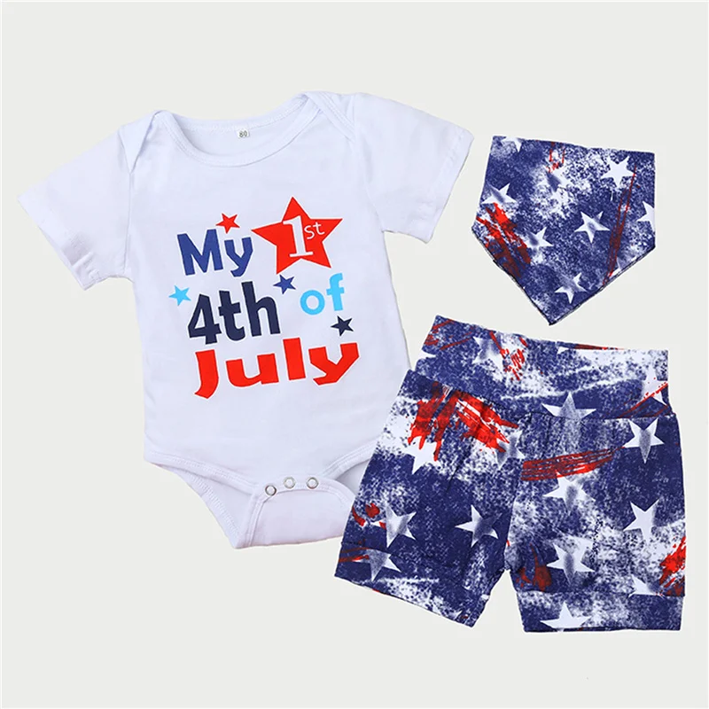 

Baby Boys Independence Day Outfit 3Pcs , Letter Print Short Sleeves Romper + Star Print Shorts + Bib Suit for Toddler