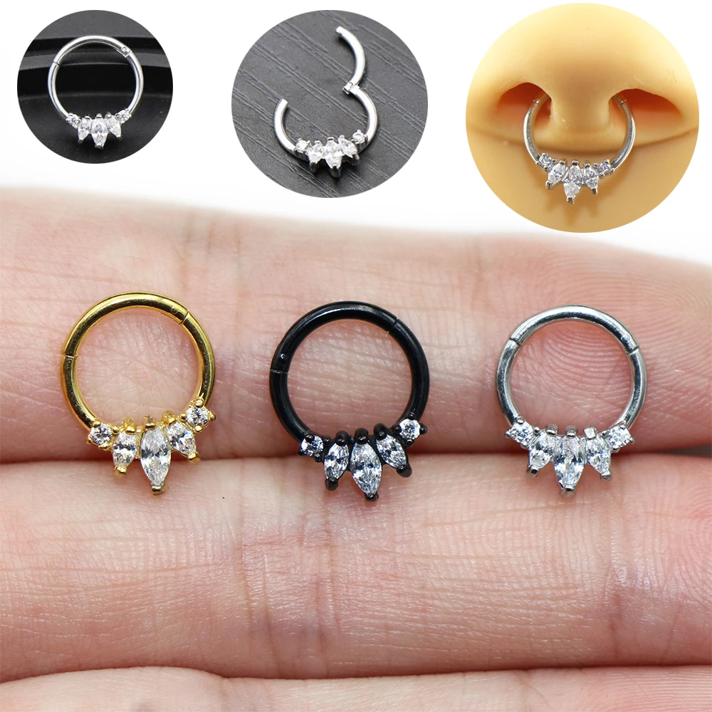 

Gem CZ Zircon Crystal Segment Nose Rings Septum Clicker Ring Daith Earring Helix Hinged Piercing Stud