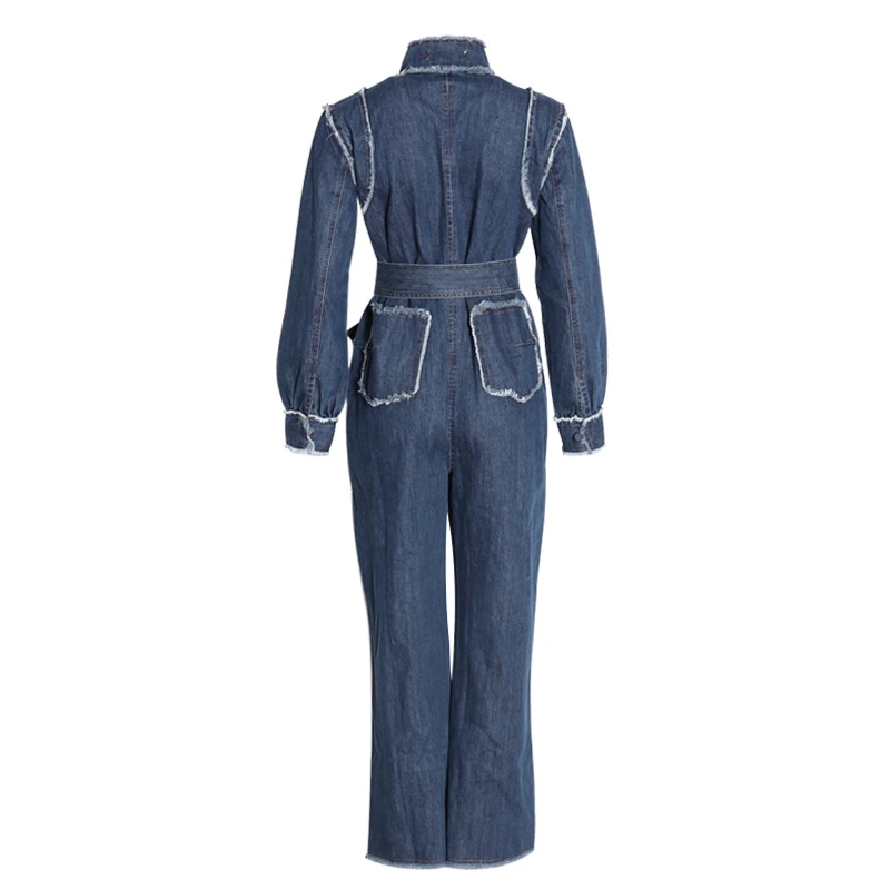 Широкие джинсовые комбинезоны женские со стоячим воротником потертые края