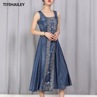 tiyihailey 2022 new free shipping vintage women long mid calf summer denim cotton s xl sleeveless embroidery bid hem dresses