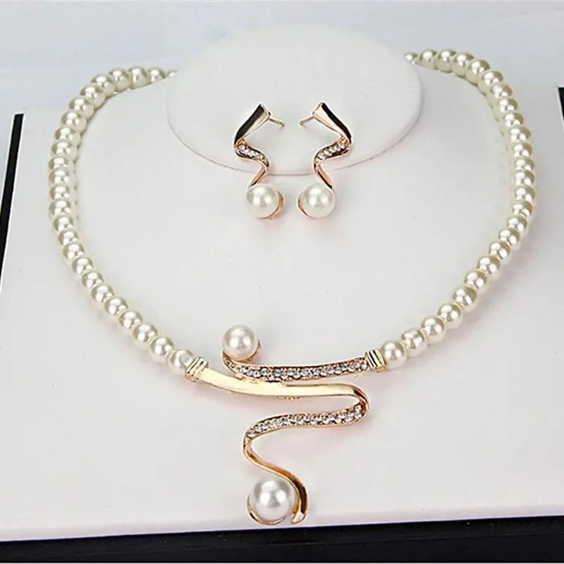 

3pcs/set Women Bridal Elegant Wedding Party Pearl Rhinestone Necklace Earrings Jewelry Set New Fashion
