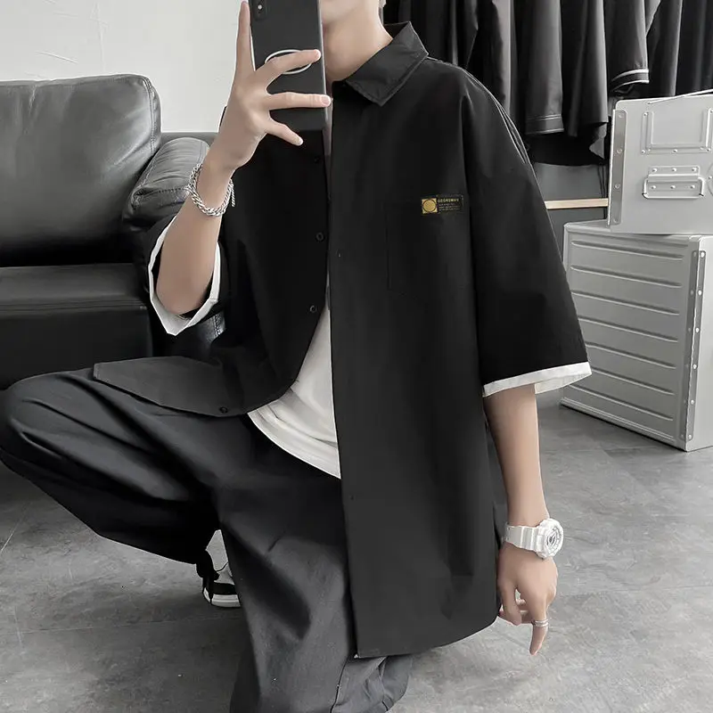 

Spring Summer Shirt Men's Short-sleeved Stitching Fake Two-piece Coat Loose Thin Casual Simple Shirt For Men Tops Men's Clothes