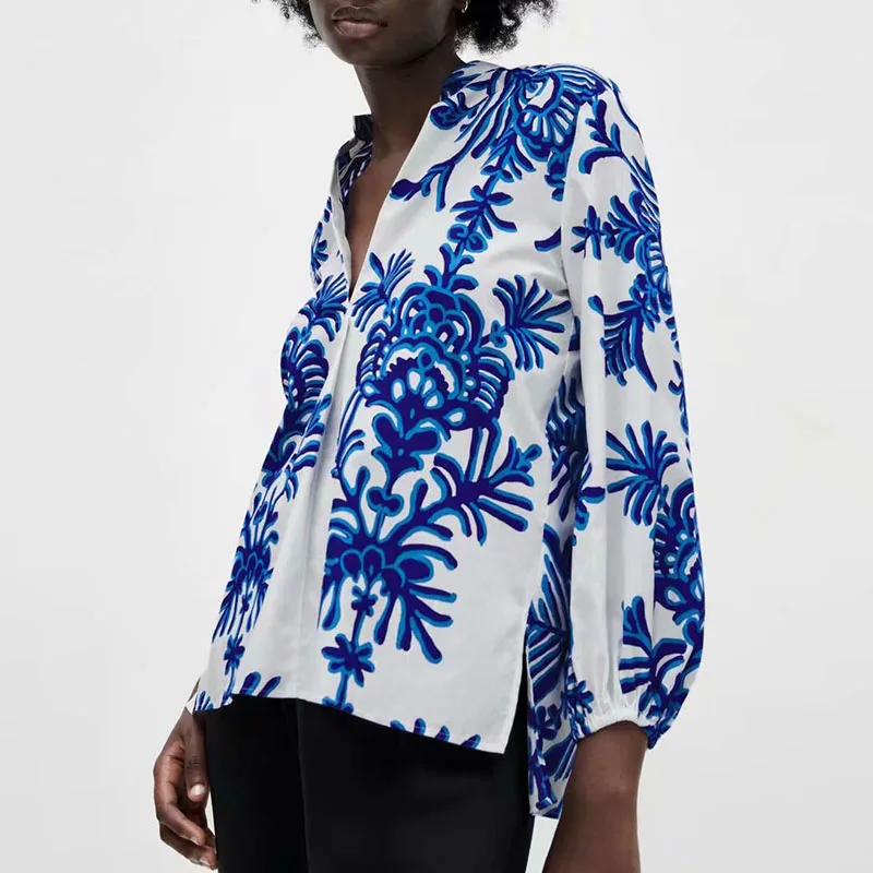 

Women 2021 Summer Loose Print ZA Shirts Blouses Tops Long Sleeve Vintege V-Neck Female Casual Street Top Smock Clothes Blusas