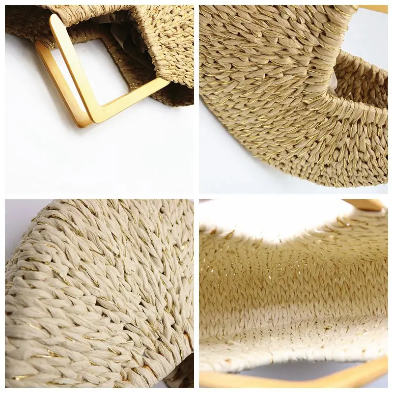 

Fashion Square Wooden Top Handle Bags For Women Half Moon Straw Women Handbags Large Capacity Straw Women's Bag Beach Hand Bags