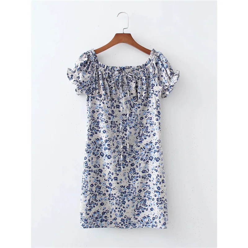 

Merodi Chic Lady Stylish Slash Neck Blue Floral Print Short Sleeve Mini Dress Womens Front Drawstring High Waist Summer Dresses