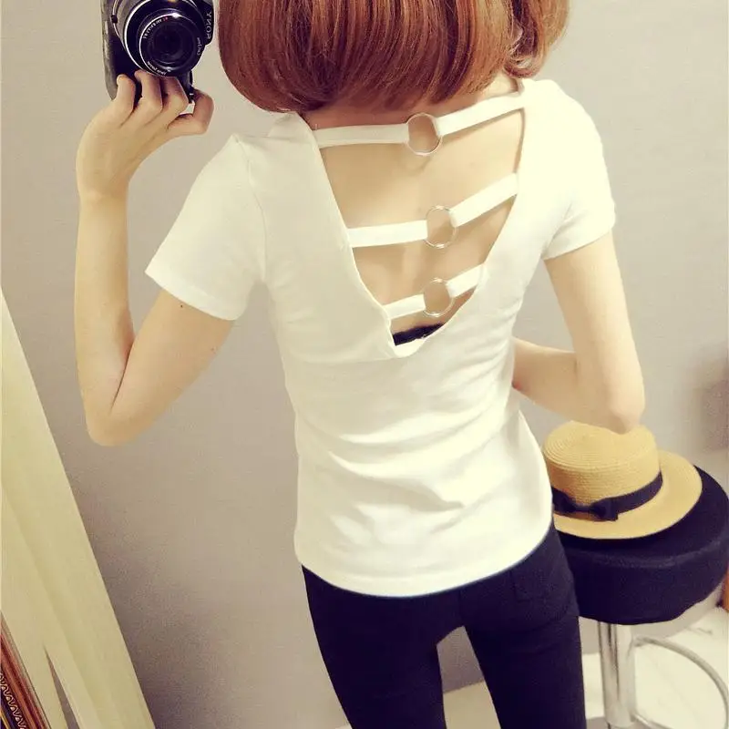 

Hot Sexy Women T Shirt Summer Clothes Fashion Open Back Short sleeve Knotted Crop Top V Neck Slim Fit Pullover 2020 Femme