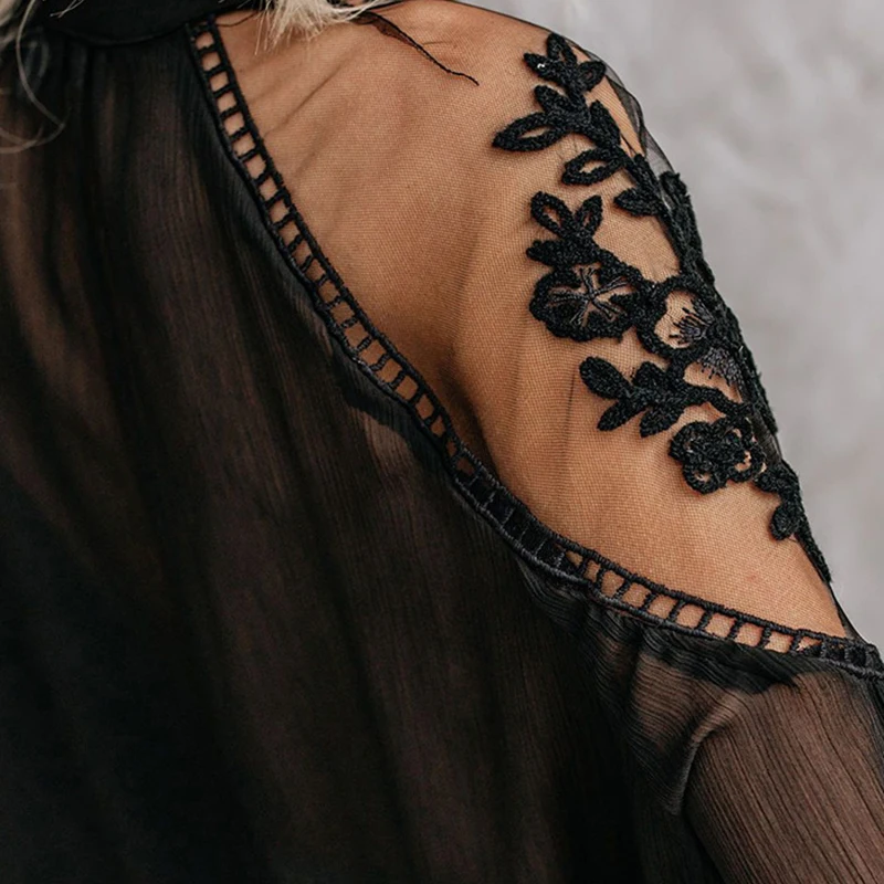 Sexy Lace Mesh Tulle Shirt Embroidery Patchwork Women Casual Long Sleeve Tops Chiffon Blouse Loose Shirts Female Blusas | Женская одежда