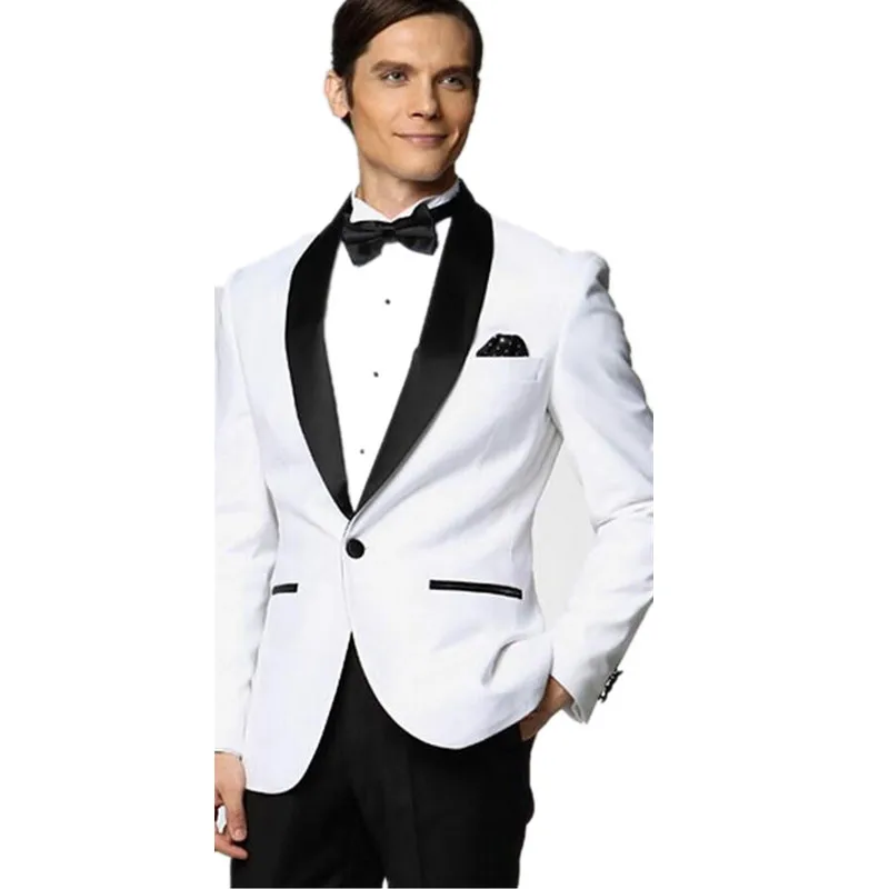 Мужские костюмы белая куртка черные Сатиновые смокинги для жениха с лацканами