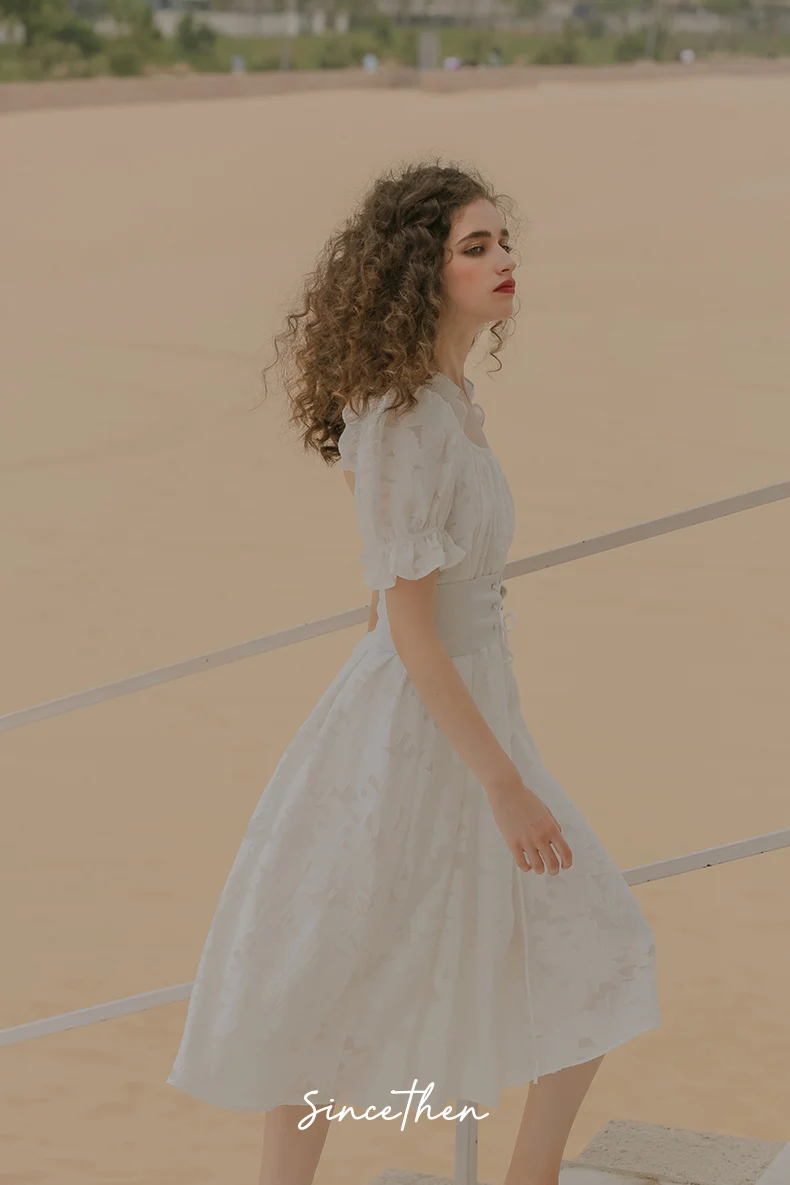 

French Niche Dress Holiday U-neck Ruffled Waist Gown Female Summer