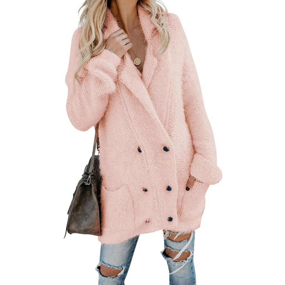 

Casual Button Down Outwear With Pockets Long Sleeve Thickened Women Coat Knitted Fuzzy Solid Fashion Warm Winter Double Breasted