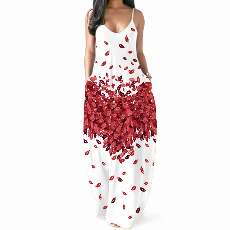 

Fashion Lady Polka Dot Printed Sexy V-Neck Strap Dress Women 2021 Pockets Robe Summer Casual Beach Party Sleeveless Maxi Dresses