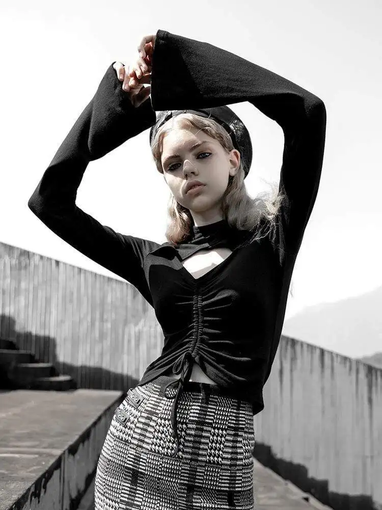 Женские открытые футболки в стиле панк с высокой горловиной и завязками длинными