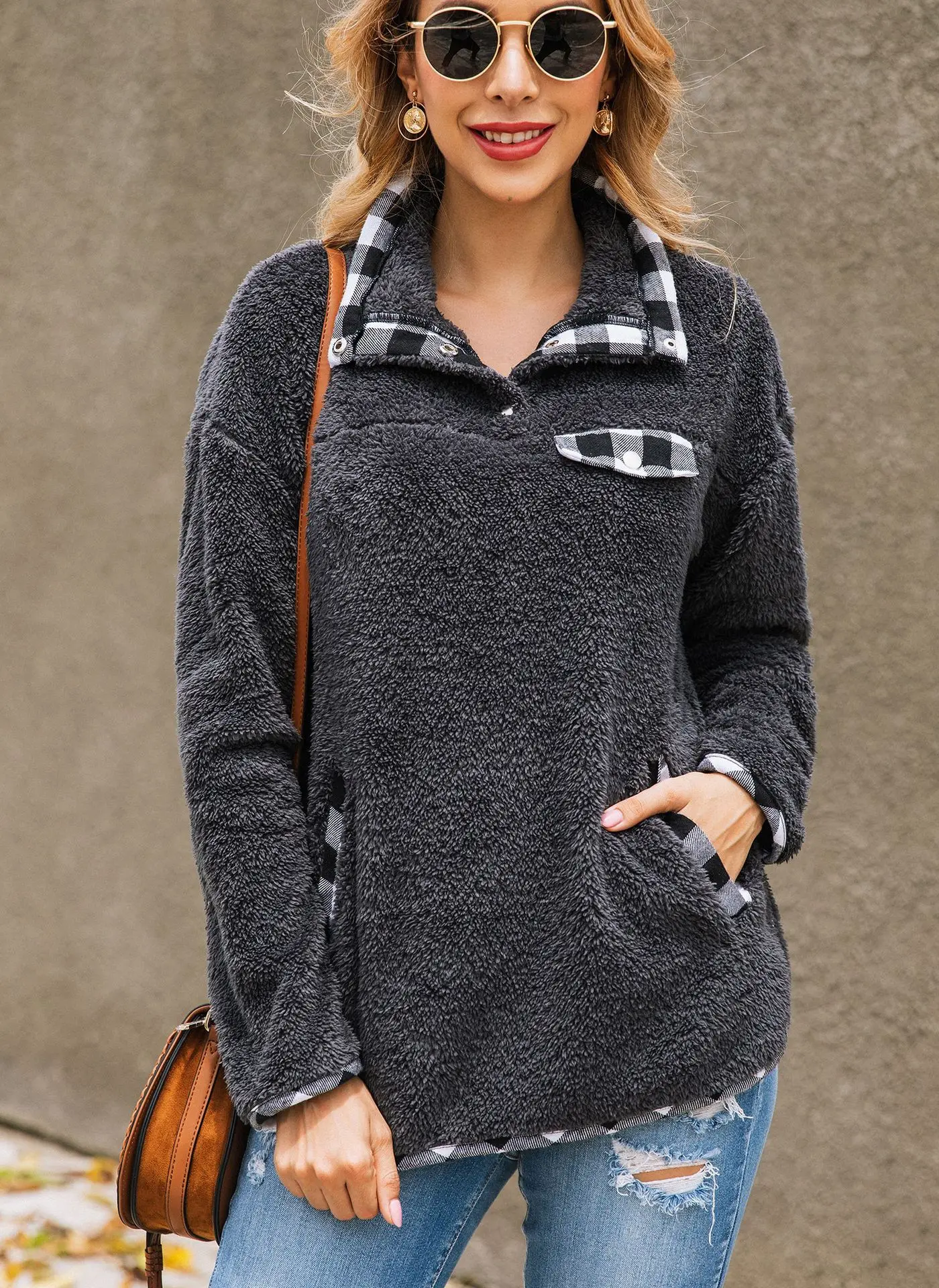 

New Product 2021 Fashion Plaid Stitching Pocket Button Women's Top Sweatshirt winter coats korean coats women fall clothes for