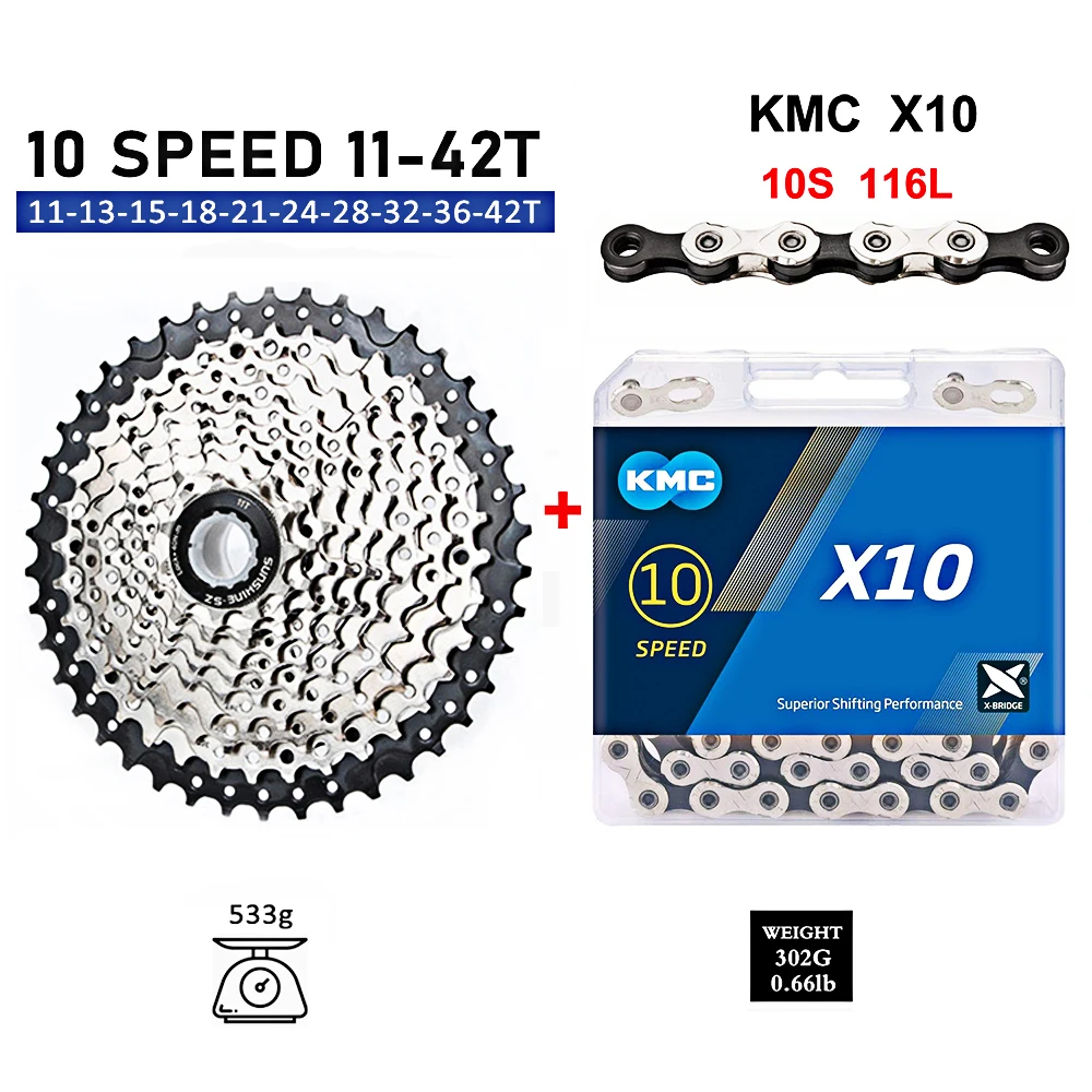 

Sunshine Road MTB Cassette 10S Set 11T-25/28/32/36/40/42/46/50T with KMC X10 Bike Chain 4601 10V Sprockets for Shimano 10 Speed