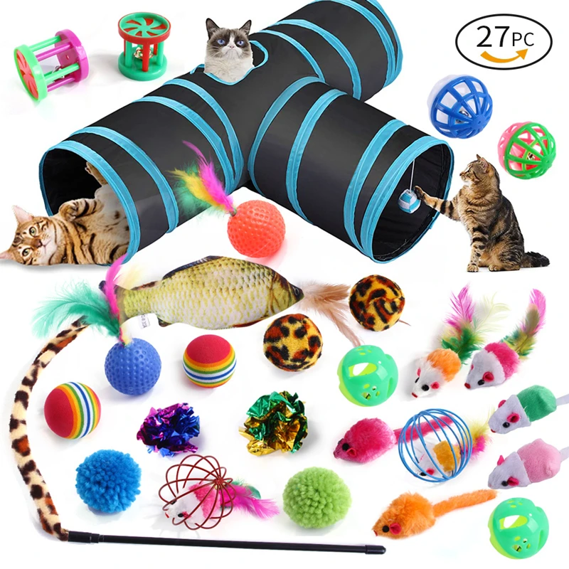 

27 Pcs Cat Toy Kit Collapsible Tunnel 3 Hole Indoor Kitten Interactive Feather Teaser Wand Mice Ball Pet Teeth Clean Fun Channel
