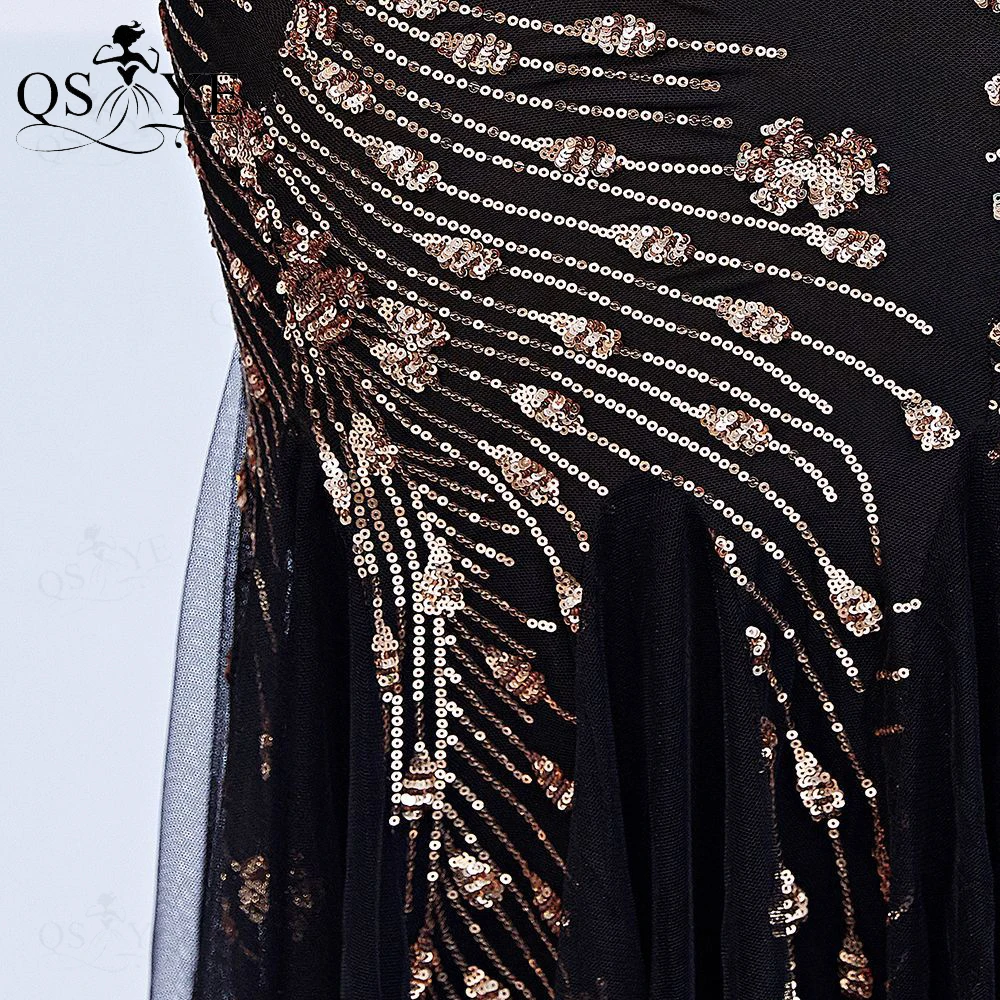 

QSYYE Black Evening Dresses Golden Lace Prom Gown with Sleeves Gold Appliques Party Dress Mermaid Sequin Lace Long Formal Gown