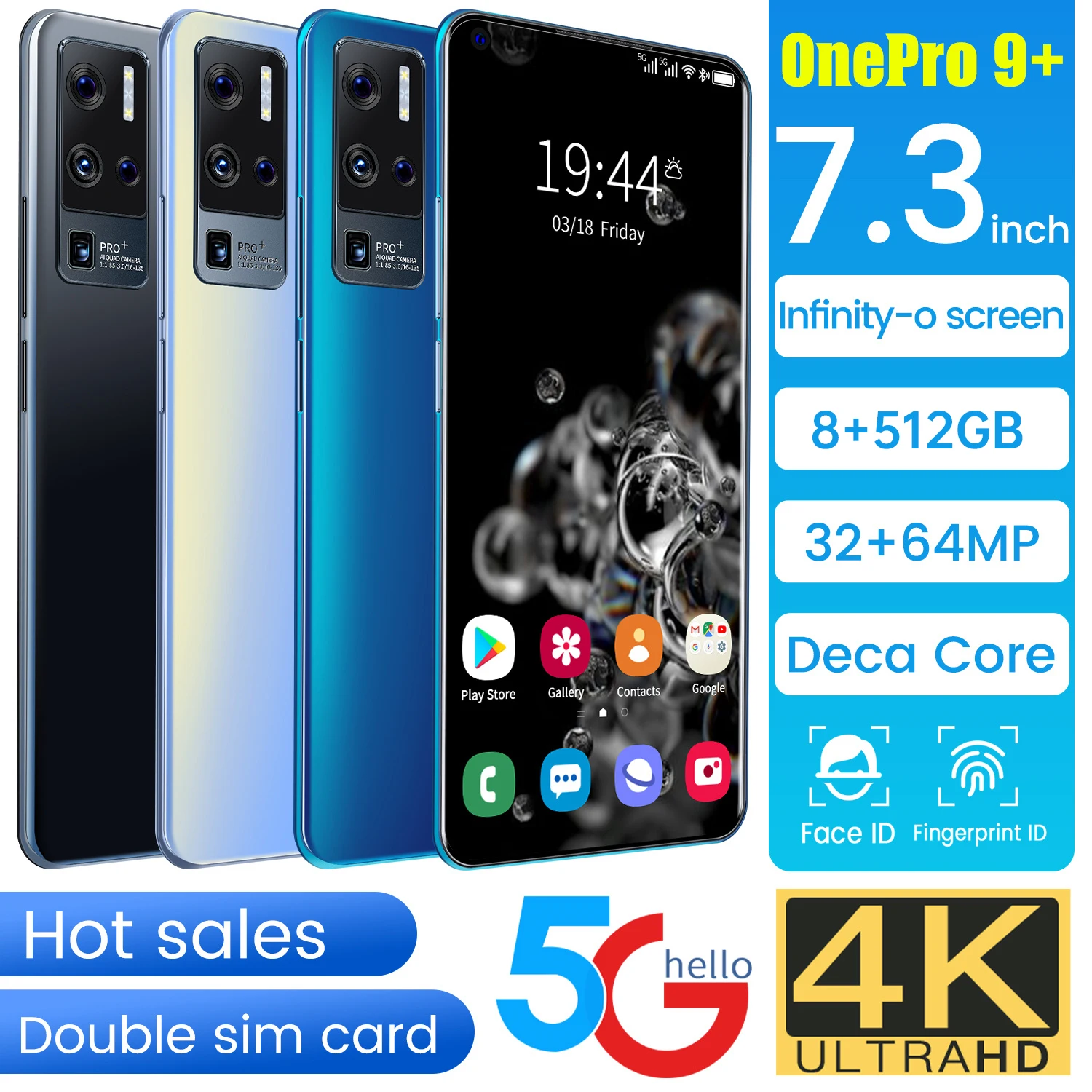 

OnePro 9+ 7.3 Inch HD Big Screen 32+64MP Face ID 8GB 512GB SmartPhone Deca Core 6800mAh Andriod 11 Mobile Phone MTK6893 Celular