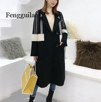 autumn winter turn down collar full sleeve fleece black thick fashion contrast color woolen coat