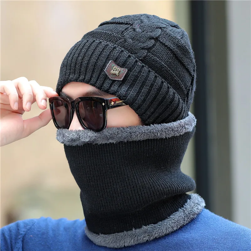 hat scarf set black Xthree зимняя шапка для мужчин вязаные шапочки шерстяные вязаные шапки шарф с подкладкой мужские шапочки зимние шапочки - Цвет: hat scarf set black