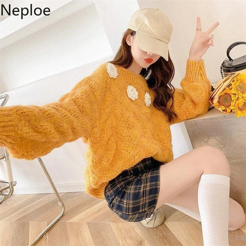 Японский свитер Neploe женская осенняя одежда милые вязаные пуловеры с круглым