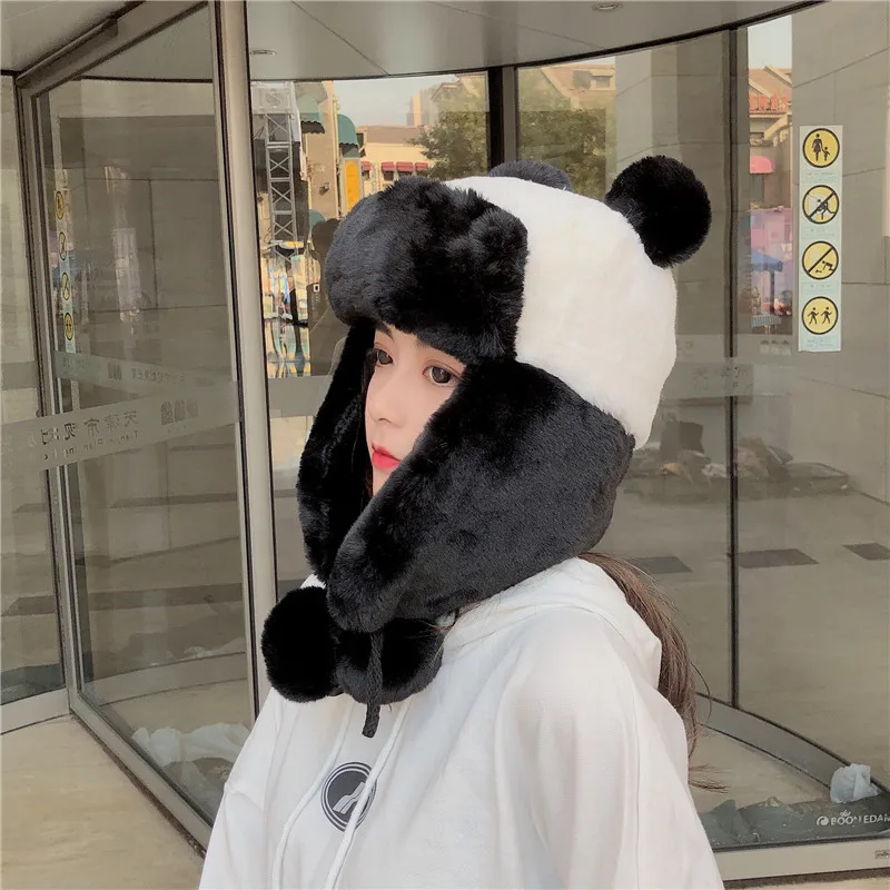 Plush panda ear protector Lei Feng cap warm autumn and winter sweet cycling cute adorable bear ears cold-proof | Аксессуары для