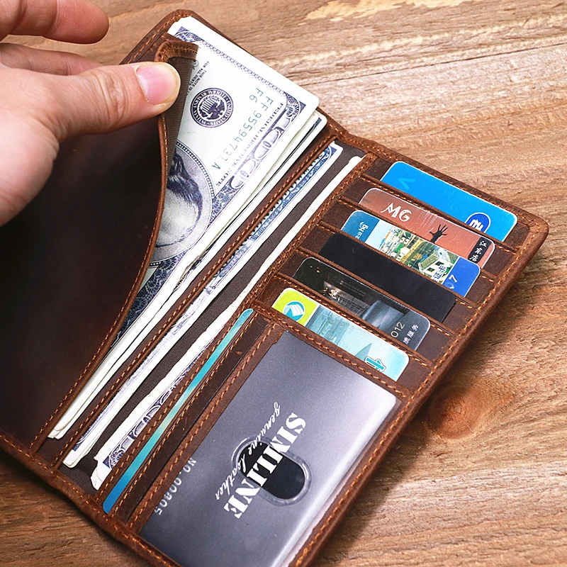 Genuine Leather Wallet For Men Vintage Crazy Horse Long Bifold Slim Men's Purse Checkbook Wallet Cash With ID Window Card Holder images - 6