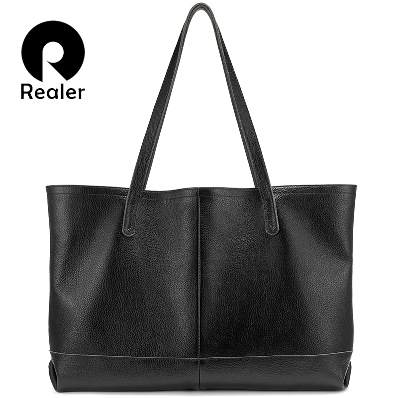 REALER женская сумка из натуральной кожи большая черная на плечо Минималистичная