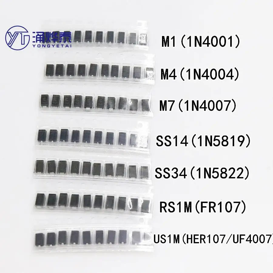 

TAI 7 kinds*10pcs=70pcs/lot SMD diode package / M1 (1N4001) / M4 (1N4004) / M7 (1N4007)/ SS14 US1M RS1M SS34 KIT