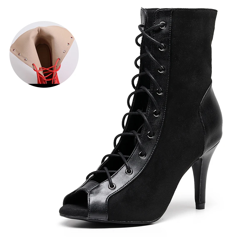 

New High Top Dance Boots Red Black Woman High Heel Salsa Ballroom Dance Shoes Girls Flannel Salsa Dancing Shoes