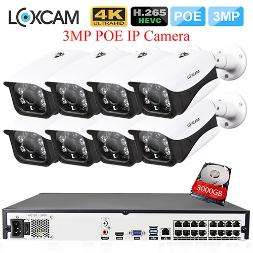 LOXCAM H.265+ 16ch nvr система 16CH 5MP POE NVR комплект 48 В 3MP вход/Открытый Антивандальный безопасности ip-камера Onvif видеонаблюдение 4K - Цвет: 16CH NVR x 8 Camera