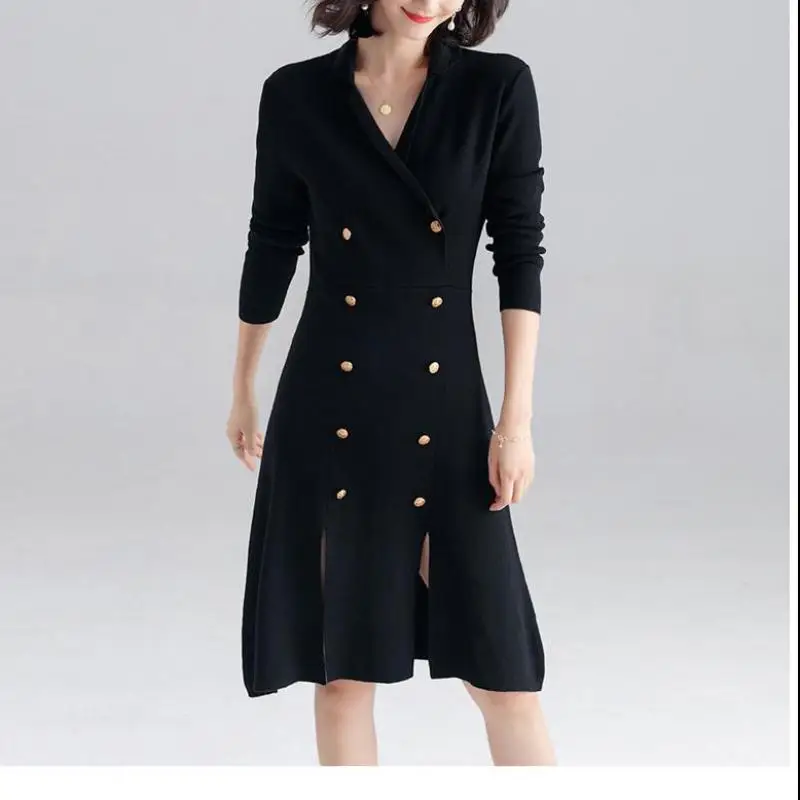 Осень 2019 офисное женское трикотажное платье с отложным воротником 3 цвета
