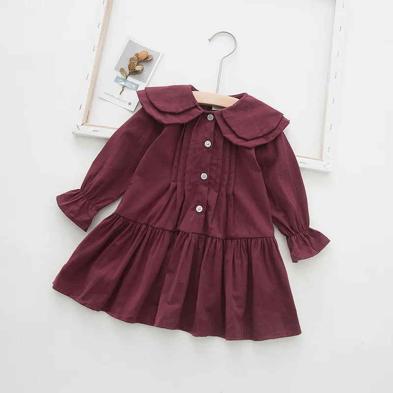 Детская одежда для девочек однотонные платья с длинными рукавами и воротником