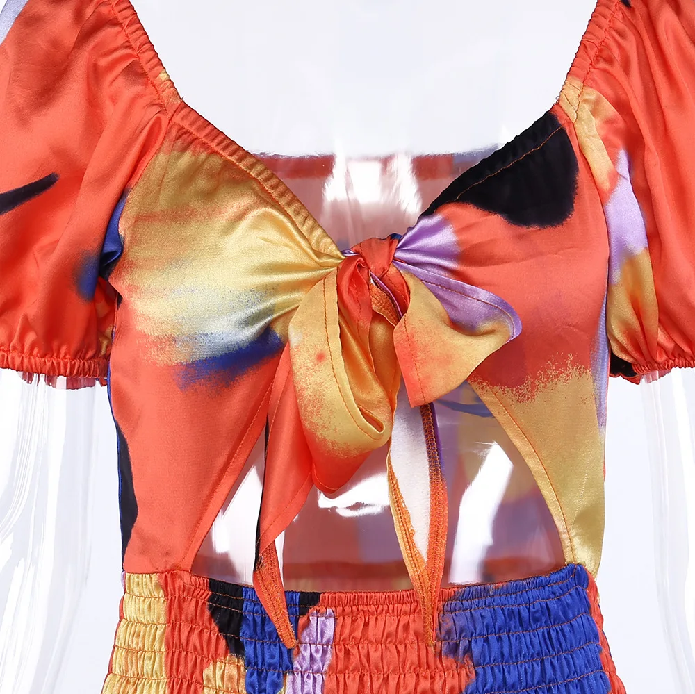 

Sexy Deep V Neck Floral Print Dress Women Ruffle Hem Puff Short Sleeve Bodycon Mini Dress Elegant Female Backless Party Vestidos