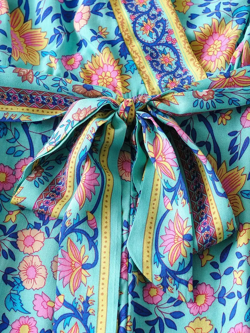 

AYUALIN Kimono Sleeve Rompers For Women Vintage Green Cotton Floral Print Summer Playsuits Sexy Deep V neck Boho Beach Jumpsuits