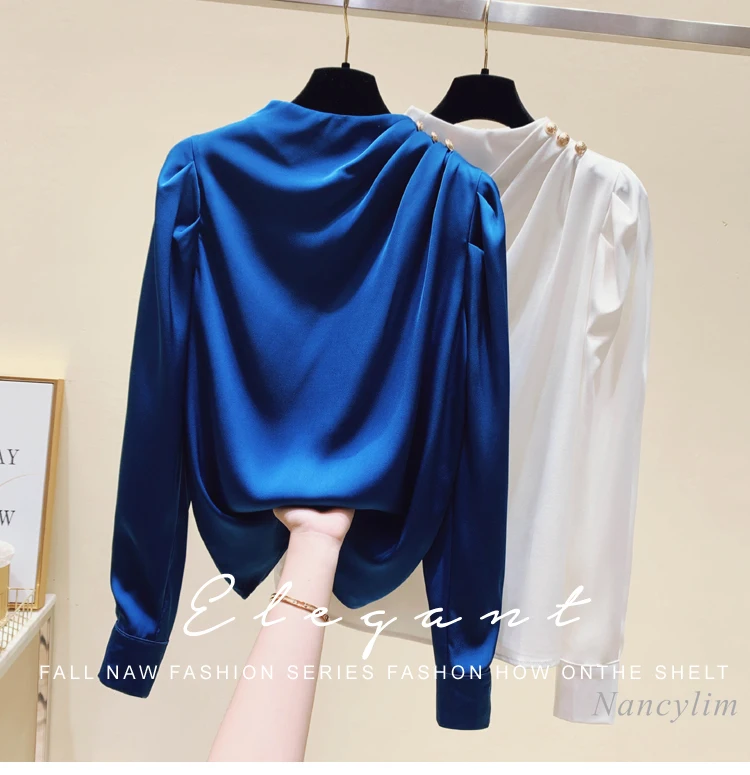 

Stand Collar Button Pleated Chiffon Shirt for Women 2021 Spring New Fashion Office Lady's Tops Blouses Solid Color Blusas Mujer