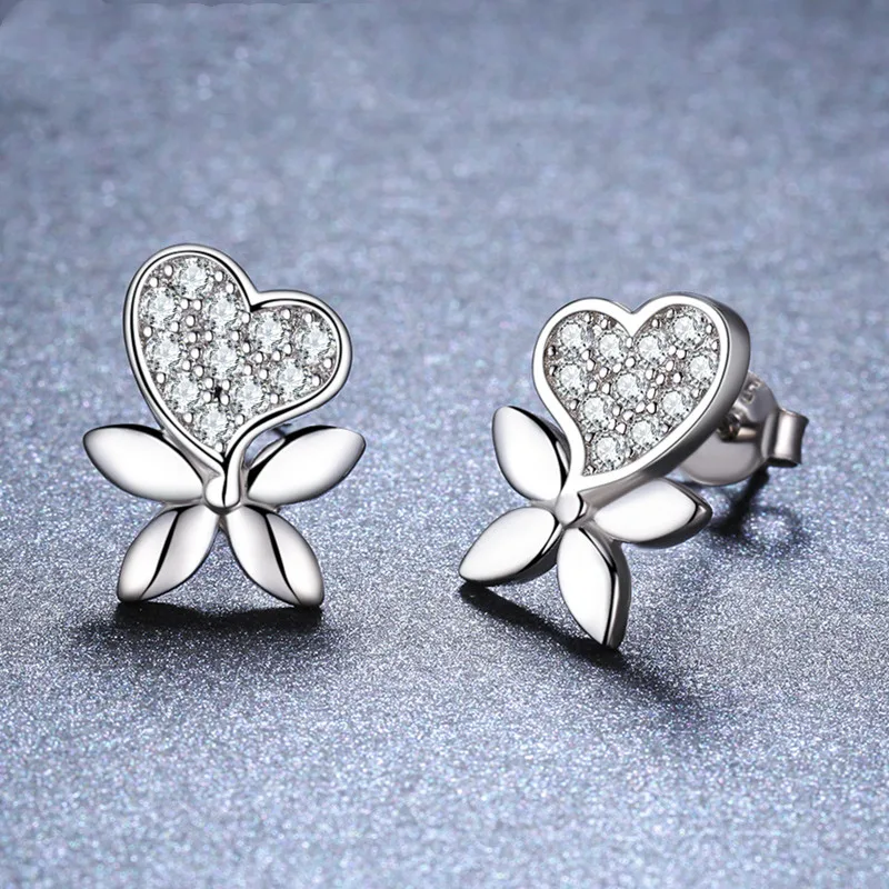 

SODROV Hot Romantic 925 Sterling Silver Jewelry Natural Heart Butterfly Party Stud Earrings for Women Bijoux I127
