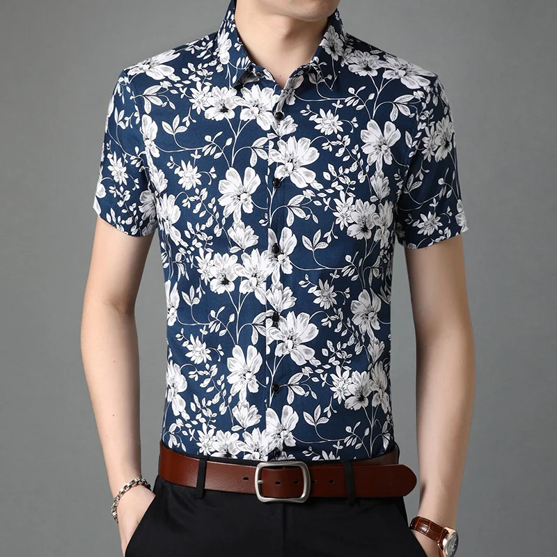 

Slim Cotton Summer Top New Quality 100% Brand Fit Hawaiian Men's Floral Shirt Short Sleeve Flower Casual Fashion Clothes Men