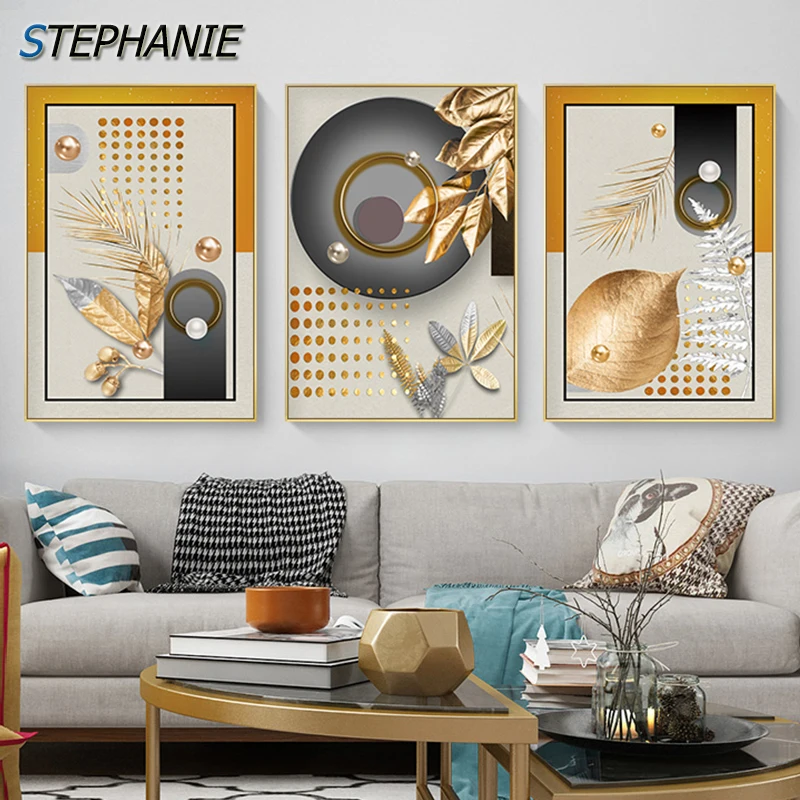 

Golden Leaf Wall Art Canvas Painting Abstrac Plant Posters and Prints Nordic Unique Wall Art Pictures for Living Room Bedroom