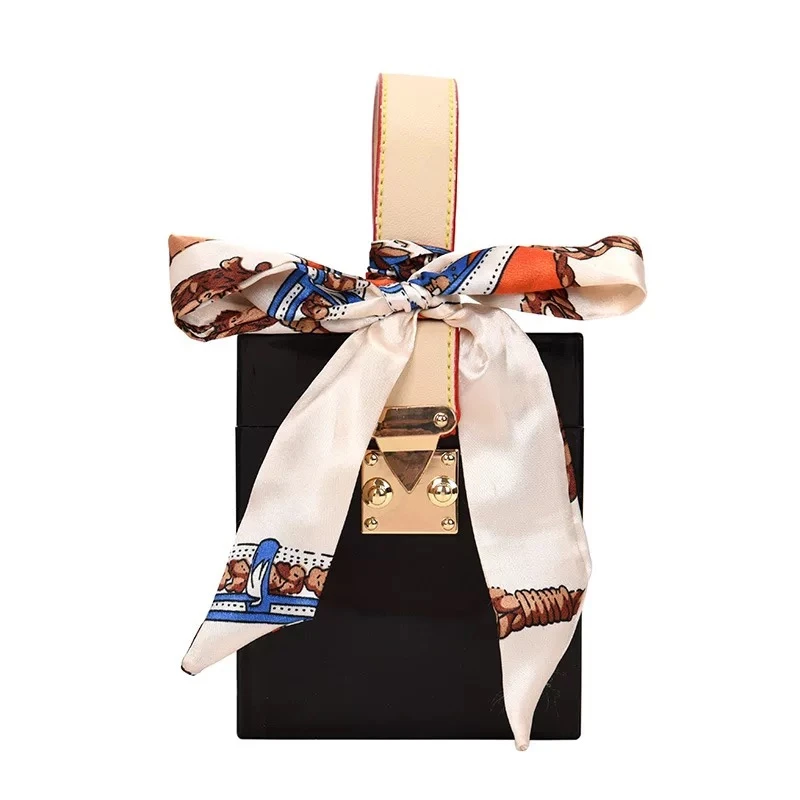 

Модные Акриловые сумки в коробке, женские маленькие квадратные ручные сумки с шелковым шарфом, женский клатч через плечо, кошельки