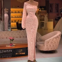 2022 glitter pink prom dresses lace long sleeve sequin evening gowns side split formal party vestido de novia