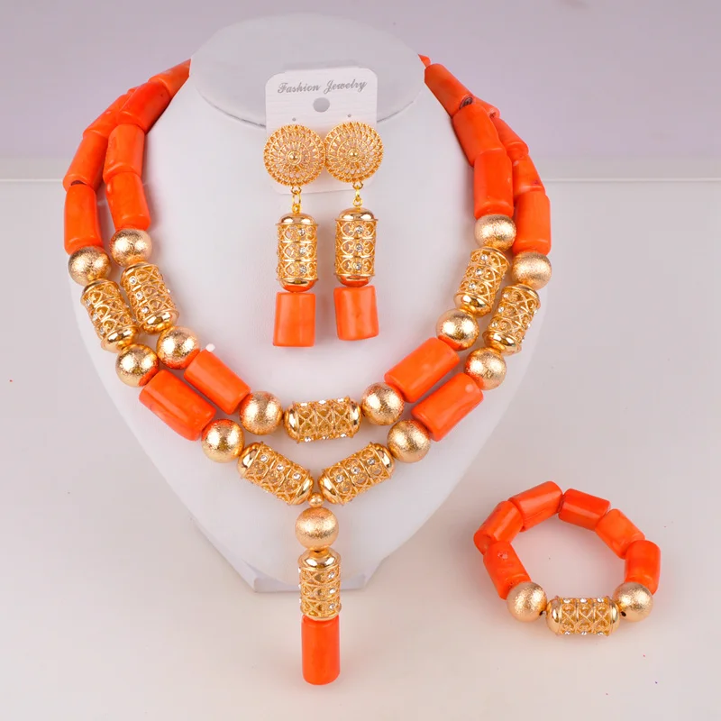 Модный оранжевый нигерийский коралловый бисер Африканский Свадебный комплект ювелирных изделий Коралловый Набор серьги и ожерелье C42-02