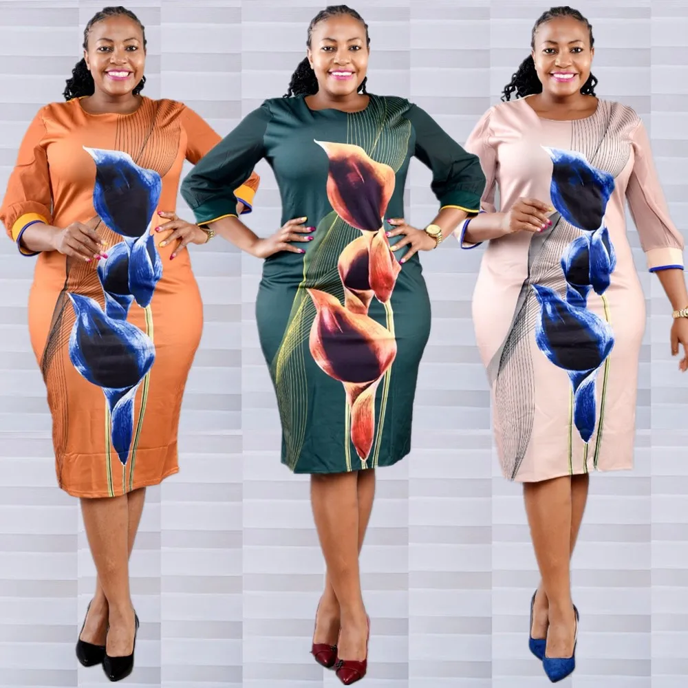 

Large Women's Dress New Round Neck 7 / 4 Sleeve Positioning Printed Dress Fashion Casual Wear Self Letter Charm Dress