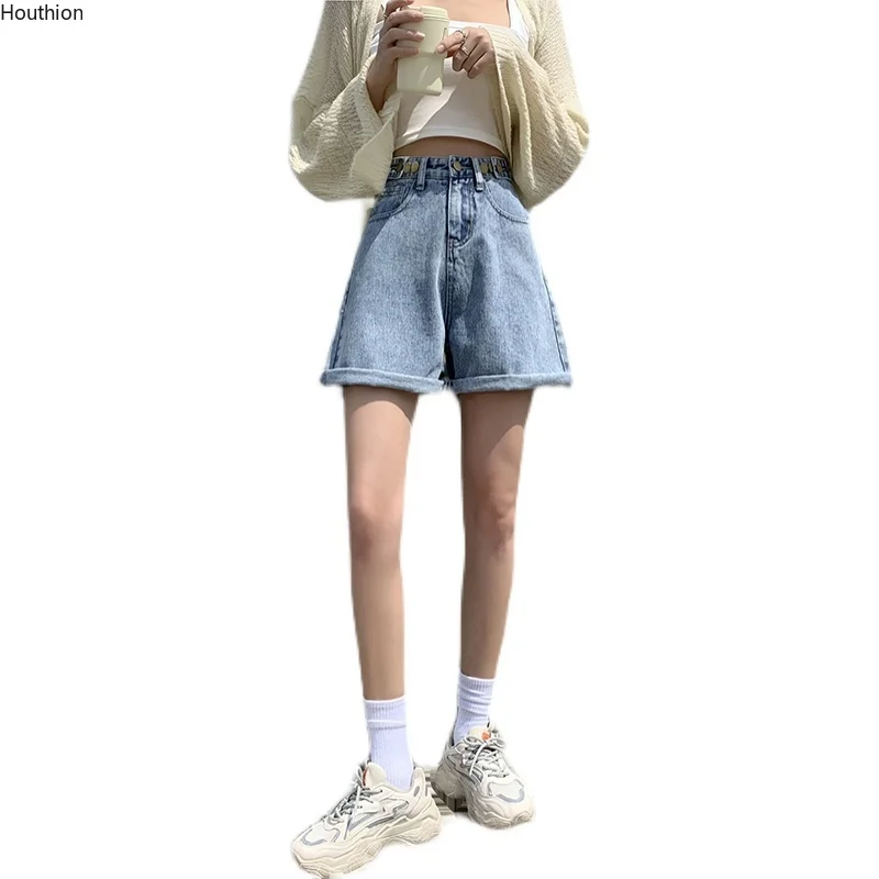 

Шорты женские джинсовые с карманами, модные повседневные облегающие однотонные свободные штаны с завышенной талией и широкими штанинами, н...