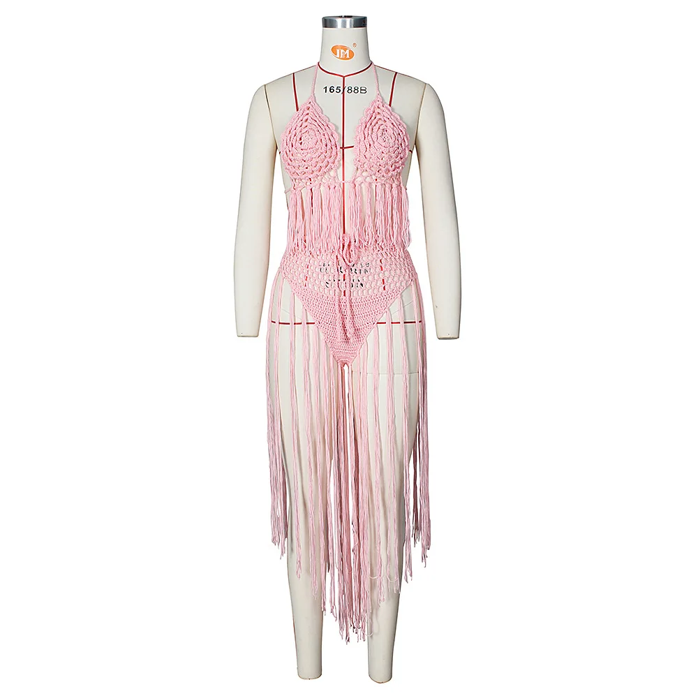 

Fashion Sexy Women's Swimwear 2021 New Beach Cover Up Summer Dress Weaving Bikinis Set Swimming Solid Hollow Out Swimsuits Woman