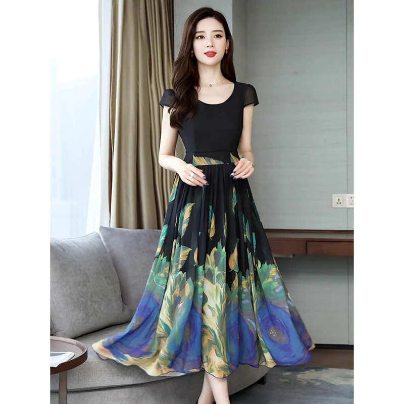 

Women's Short-Sleeve Casual A-Line Skirt Loose and Thin Slim Long Fashion Dress