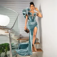 elegant celebrity prom dresses long slit mermaid evening dress ruffle shoulder lace appliques custom made formal party gowns 248