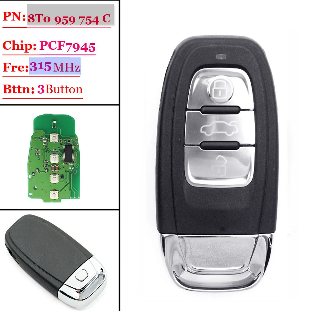 

XNRKEY Remote Control Key 3 Button Smart Key 315Mhz Fit for Audi A4/S4/A5/S5/Q5 8T0 959 754C/ 8K0 959 754C