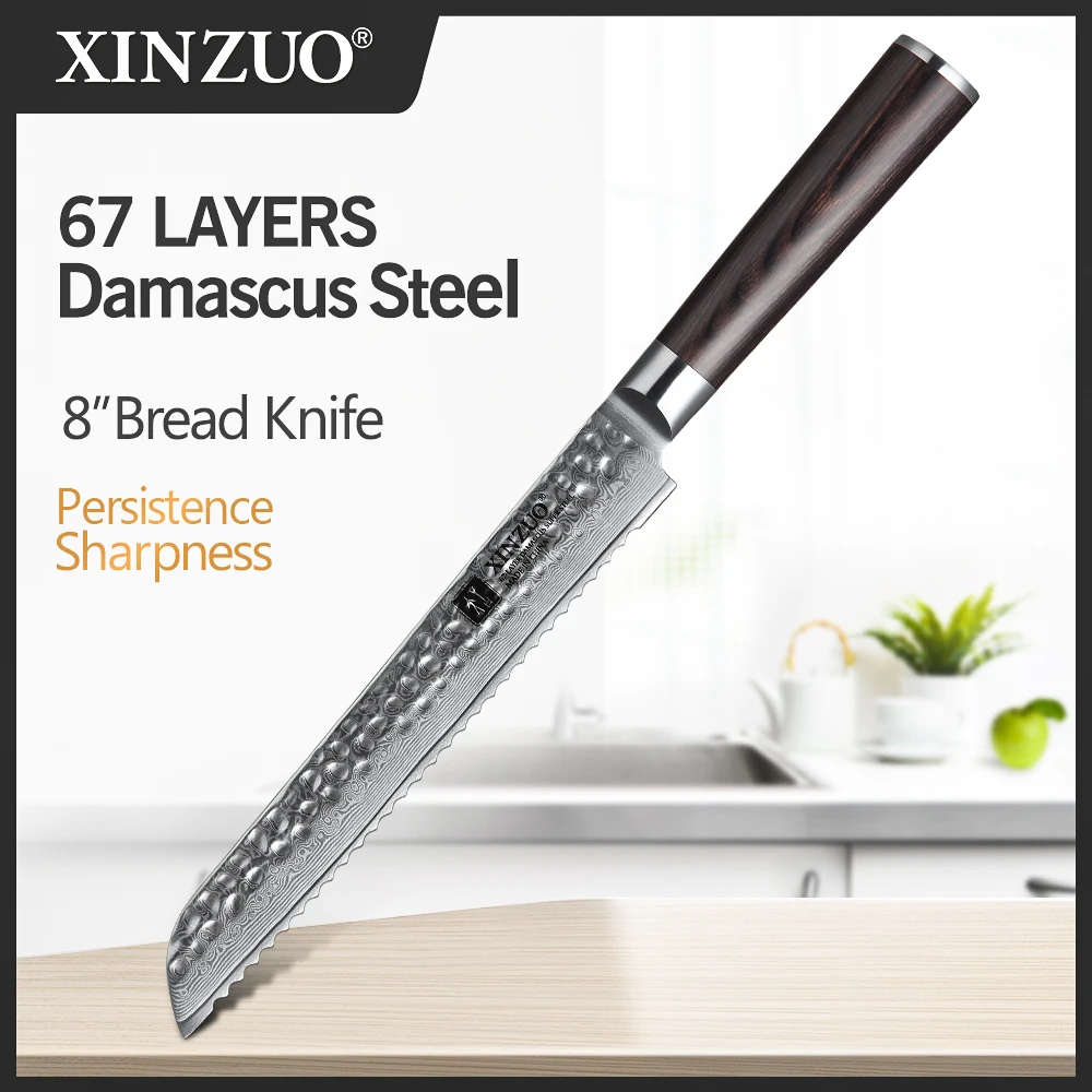 

XINZUO 8" inch Bread Knife 67 layers Damascus Stainless Steel Stria Hammer Kitchen Knife Pakka Wood Handle VG10 Cake Knife